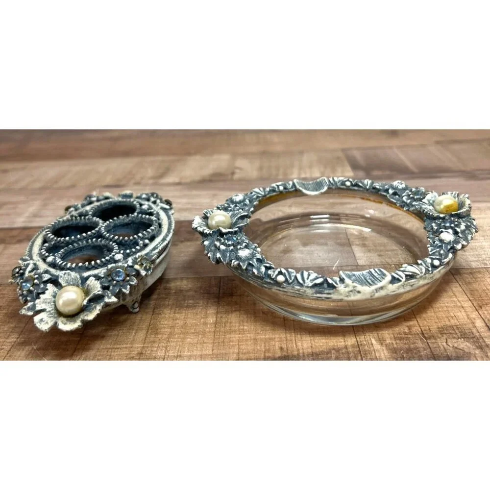 VTG FLORENZA Ornate Blue Wash White Metal Glass Vanity Dish & Lipstick Holder